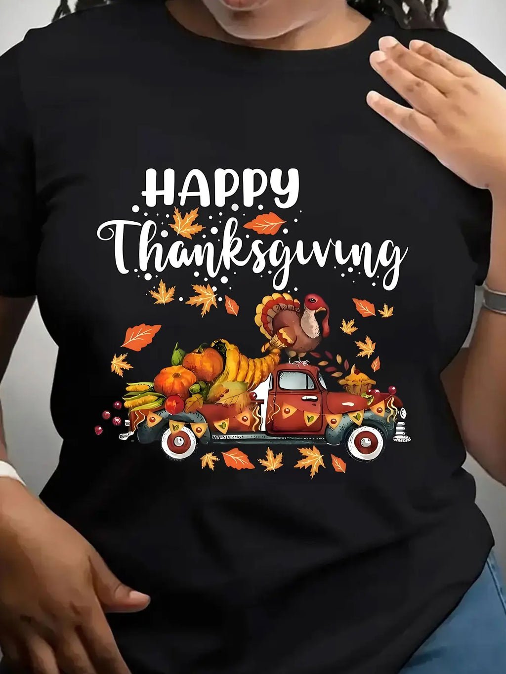 Women's 100% Cotton Crew Neck Thanksgiving Truck Graphic T-Shirt – Black