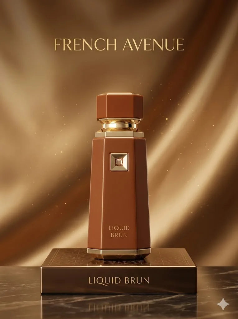 Brown perfume bottle with gold cap on a brown silk background