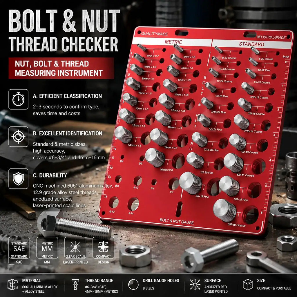 Red bolt and nut thread checker tool in a workshop setting with various bolts and nuts