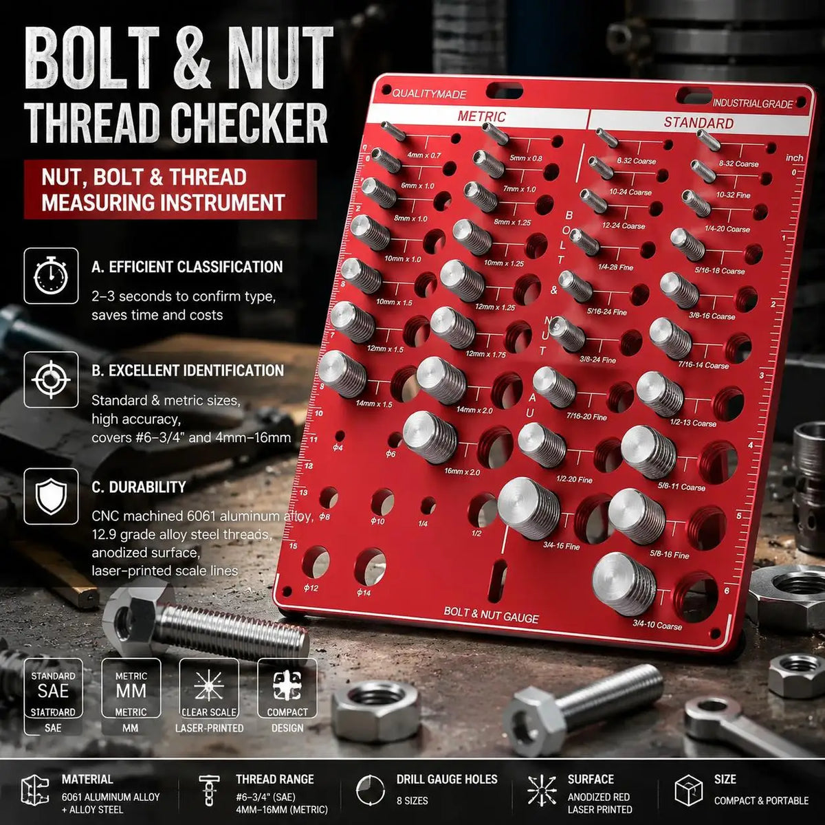 Red bolt and nut thread checker tool in a workshop setting with various bolts and nuts