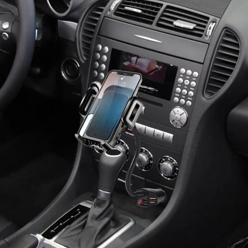 A black flexible car cigarette lighter phone holder mounted in a vehicle console holding a smartphone.