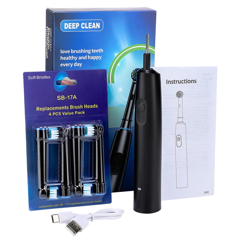 Rechargeable Rotating Electric Toothbrush with 4 Heads and 5 Modes – Black