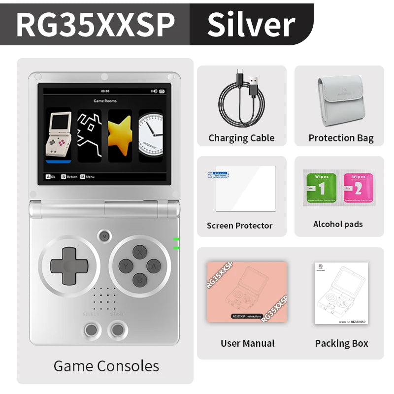 Anbernic RG35XXSP Flip Retro Handheld Game Console, 3.5-inch IPS Screen – Silver with Bag
