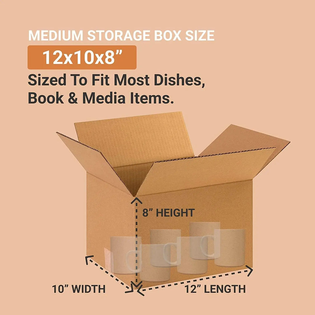 A brown cardboard storage box measuring 12 by 10 by 8 inches