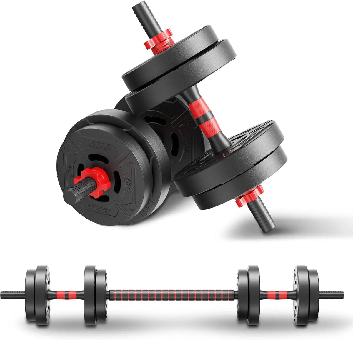 Adjustable dumbbell set that can be converted into a barbell, with black plates and red locking nuts.