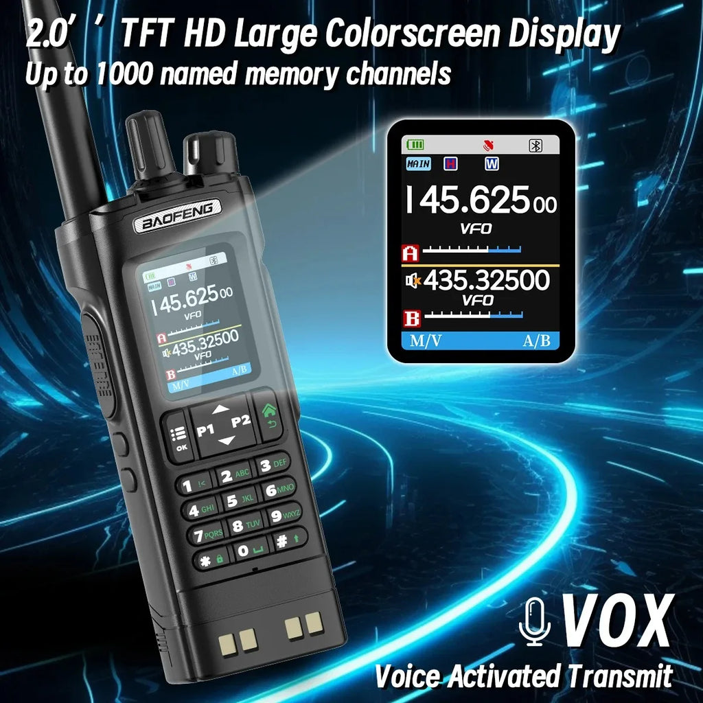 Handheld two-way radio showcasing a 2.0 inch TFT color screen and VOX voice-activated transmit functionality.
