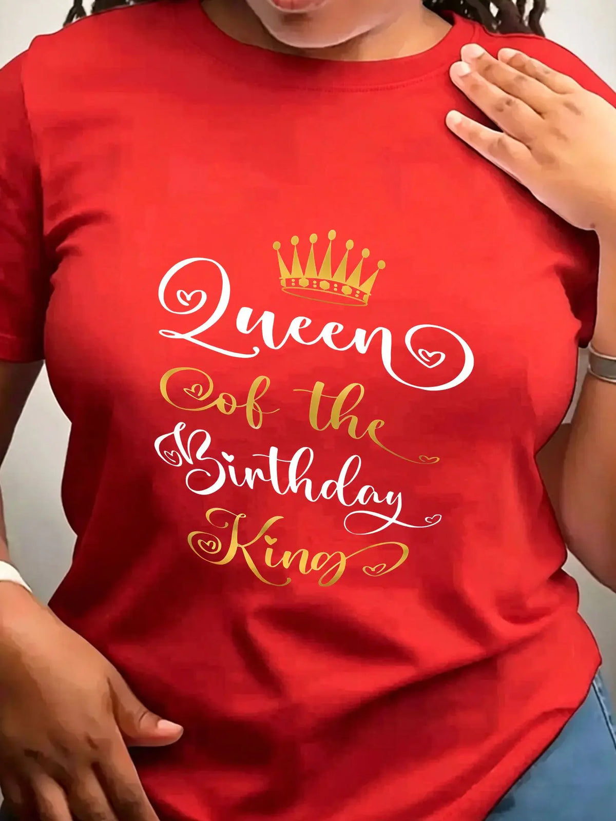 Red crew neck t-shirt for women with gold and white Queen of the Birthday King crown graphic.