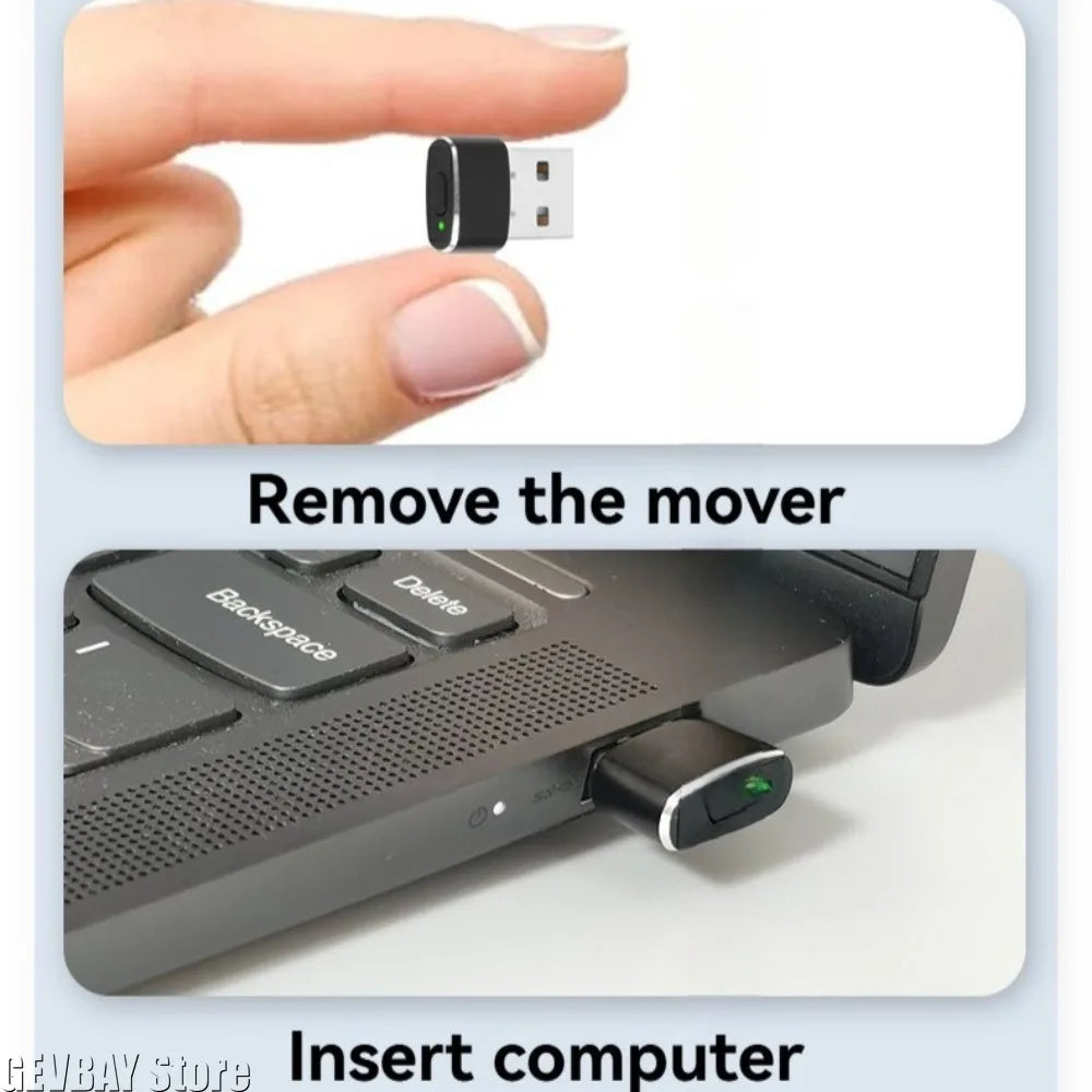 A person's hand holding a USB mouse jiggler and the device plugged into a laptop keyboard port.