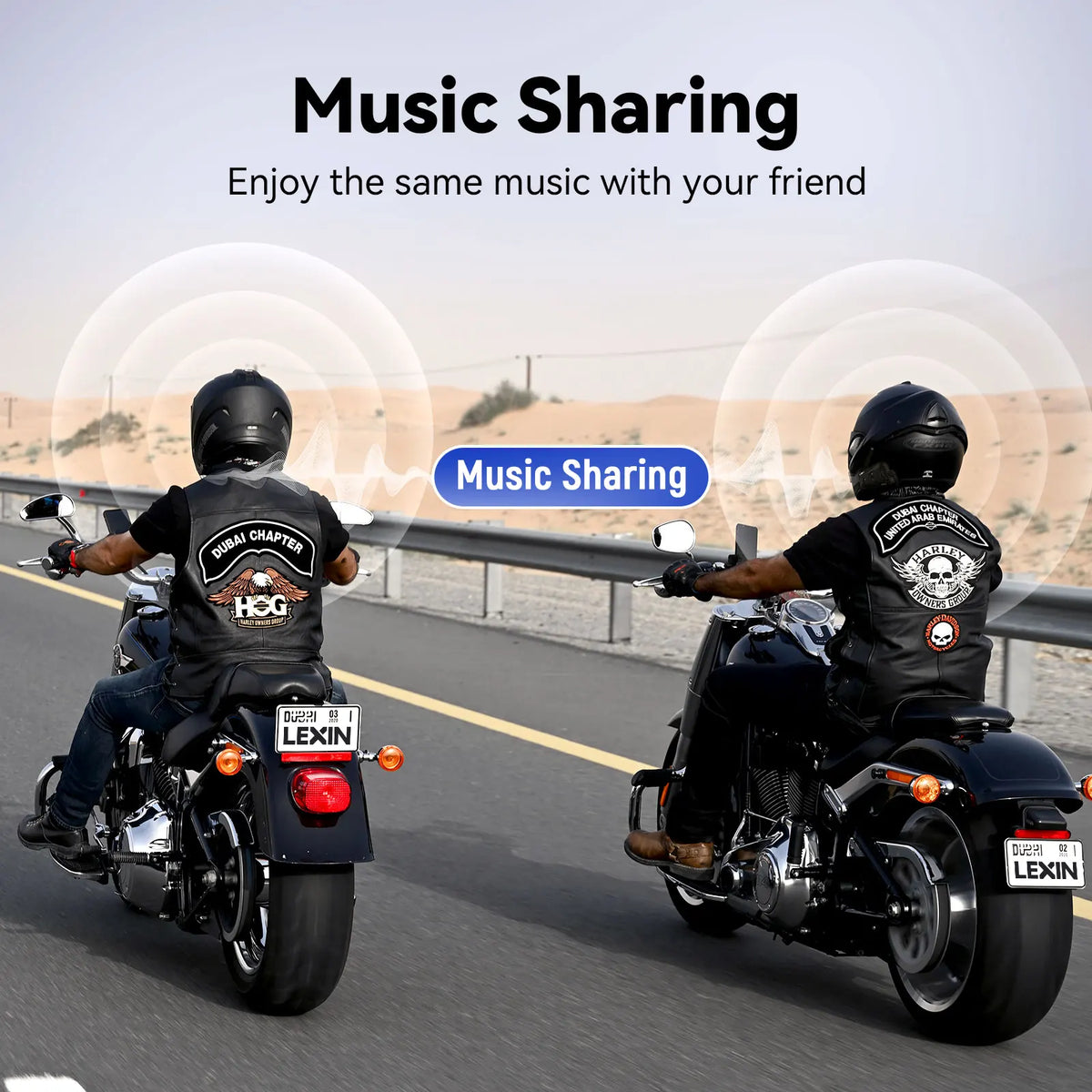 Two motorcycle riders on the road demonstrating wireless music sharing feature