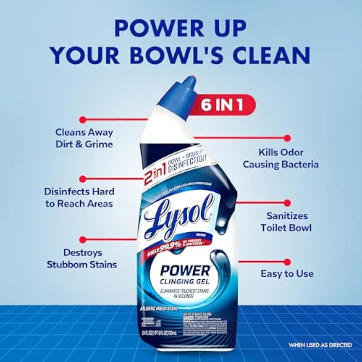 Infographic showing a bottle of toilet bowl cleaner with labels detailing product benefits