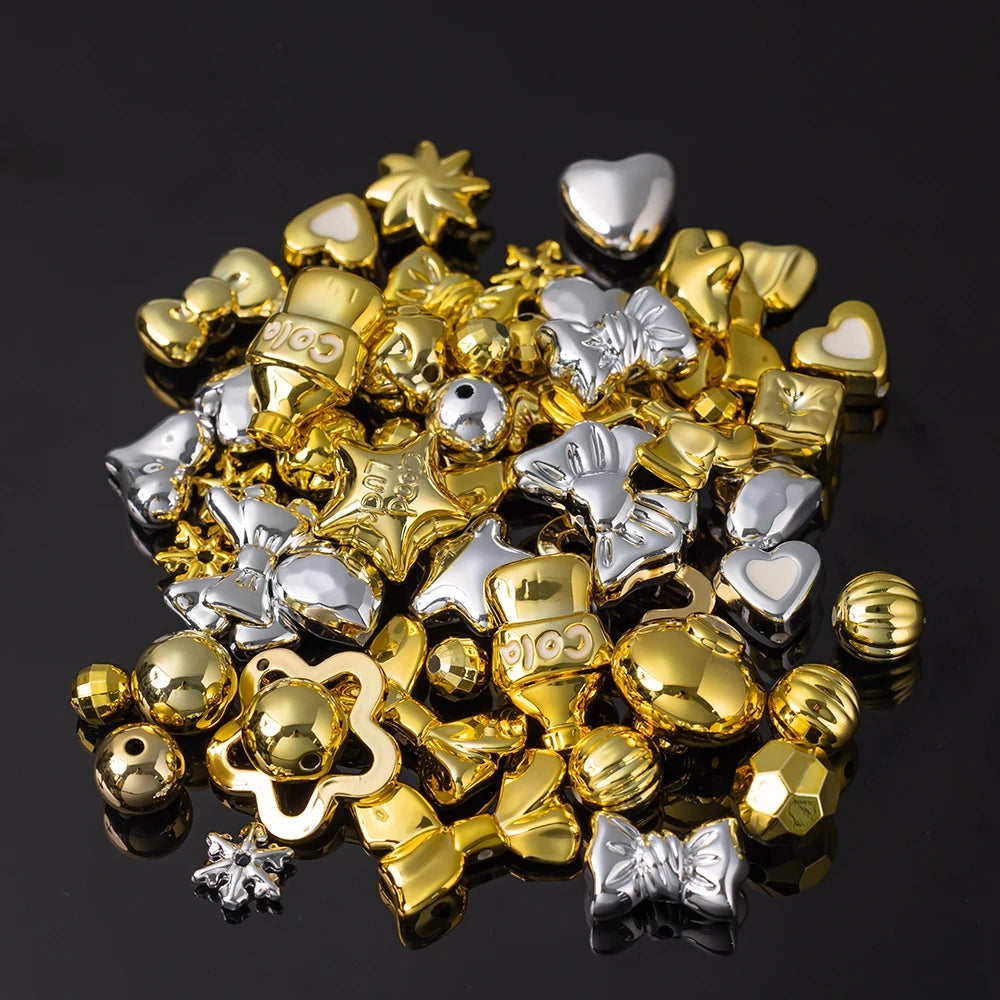 20g Y2K Acrylic Mixed Bowknot, Flower, and Heart Beads for DIY Jewelry – Gold Silver