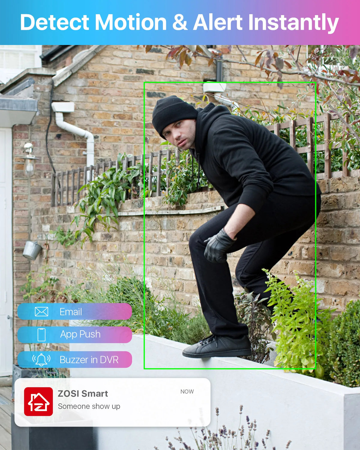 A security camera snapshot of a person climbing a wall, with an app alert notification overlay