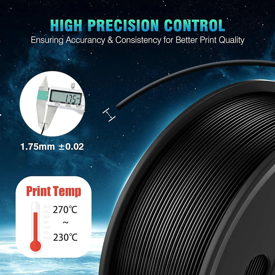 Close up of a black 3D printer filament spool with a caliper showing accurate diameter measurements.