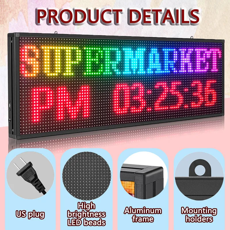 Features and components of the multicolour LED scrolling sign including power plug and mounting hardware