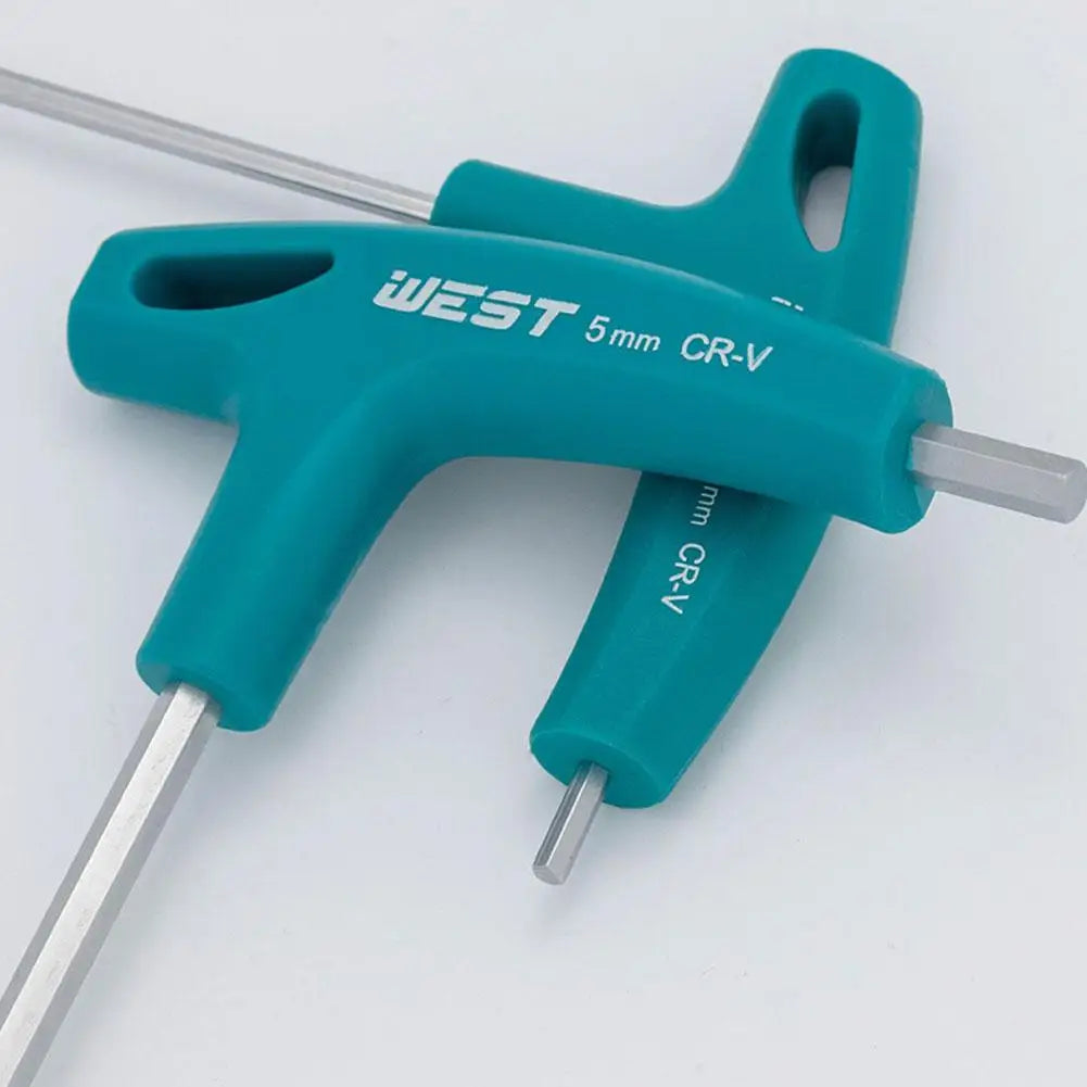 Two teal T-handle hex wrenches overlapping on white background.