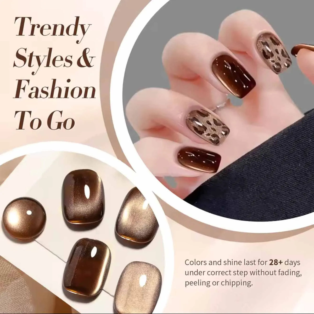 A display of brown cat eye gel nails with promotional text about the product's longevity.