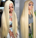 Long straight platinum blonde lace front human hair wig on a model