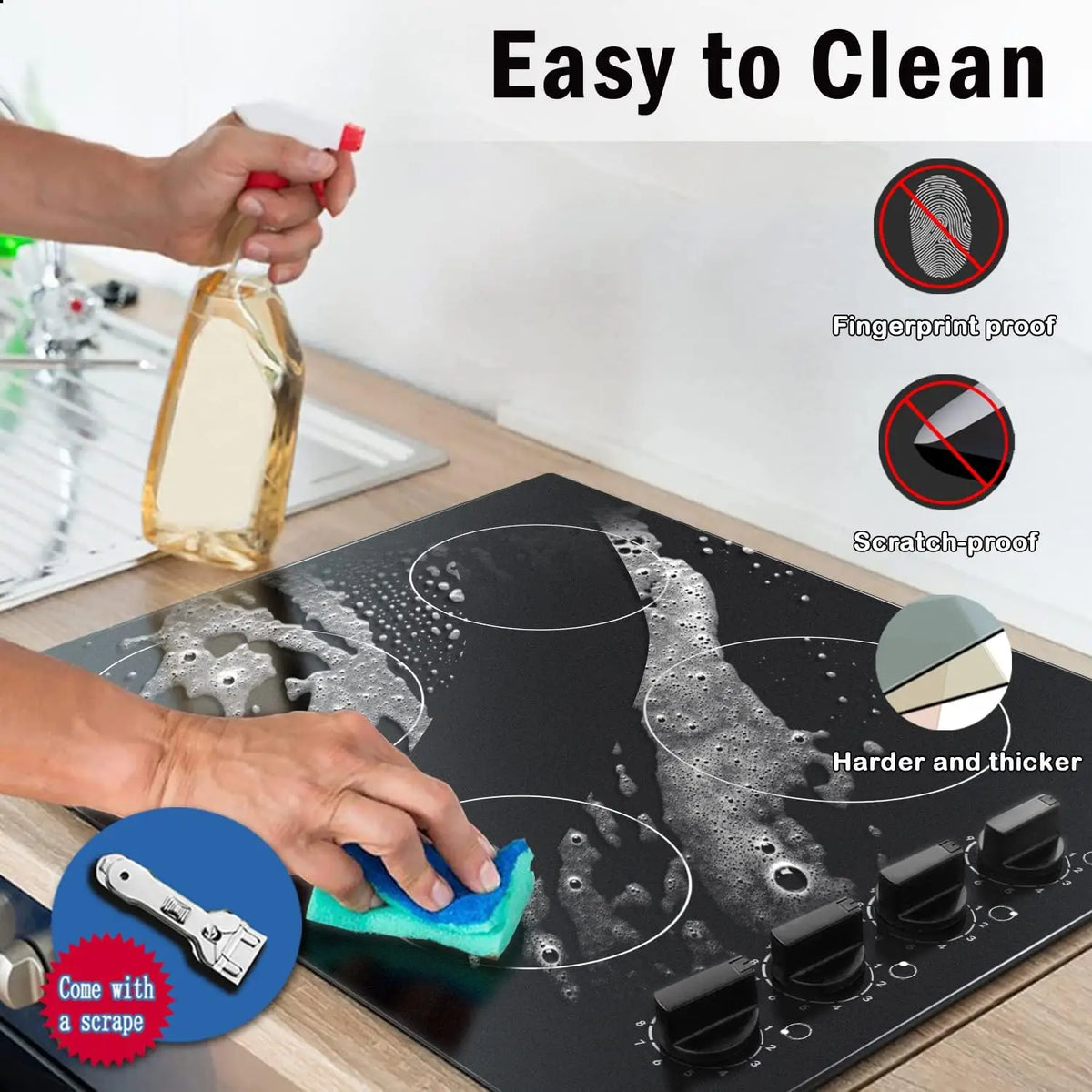 Hand cleaning a black glass electric cooktop with spray and a scraper tool