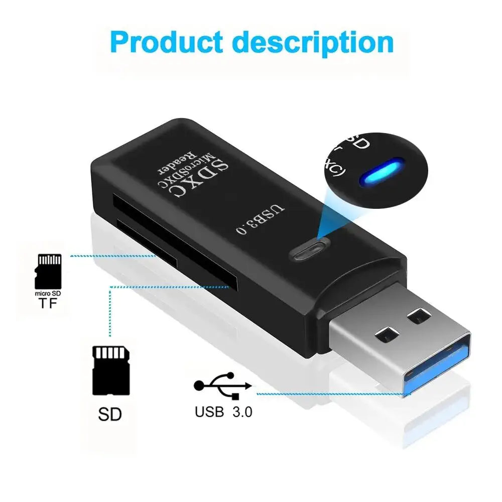 Black USB 3.0 memory card reader with diagrams for TF and SD card insertion