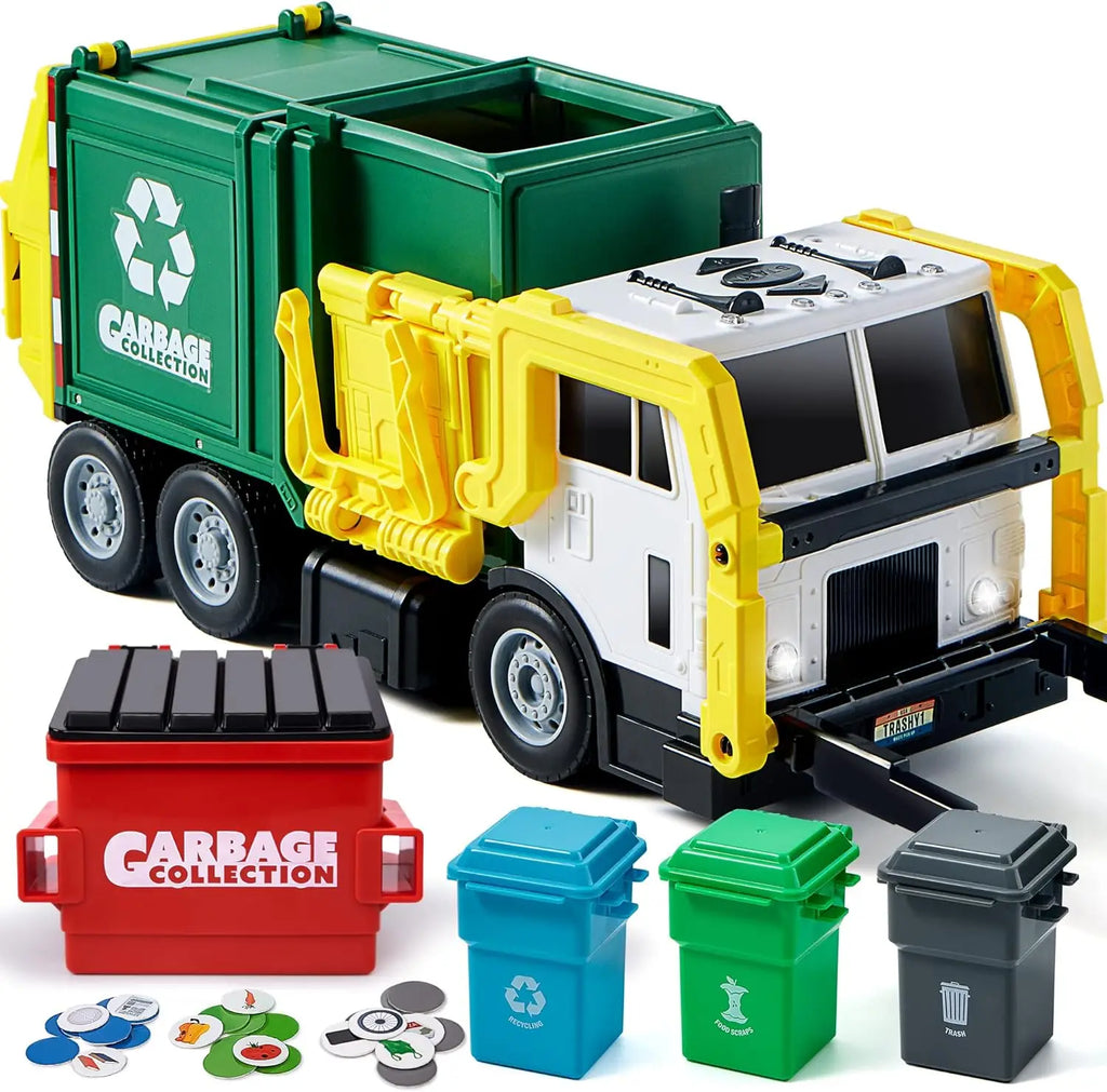 Green and white toy garbage truck with red dumpster, three recycling bins and various cardboard trash pieces