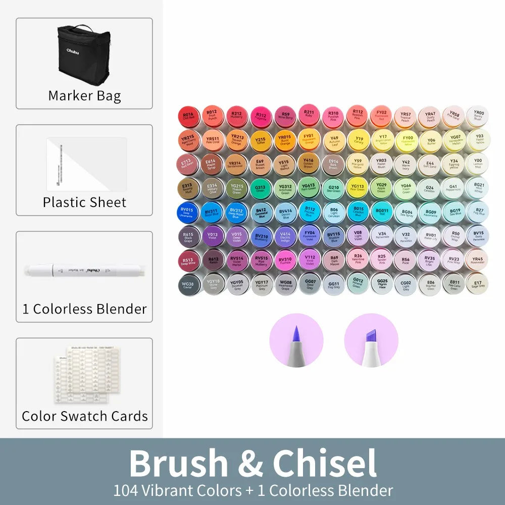 Ohuhu Honolulu Dual-Tip Alcohol Art Marker Set with Carrying Case – 104 Colors