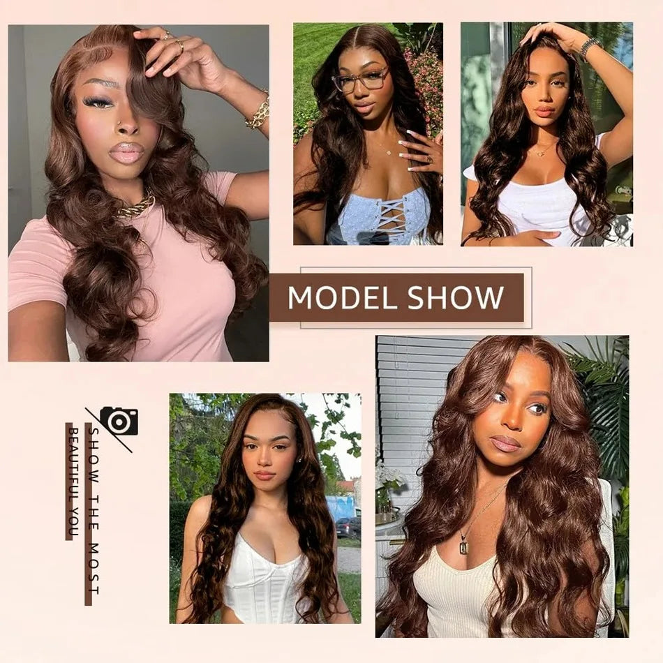 A collage showing various women wearing a long wavy chocolate brown lace front wig