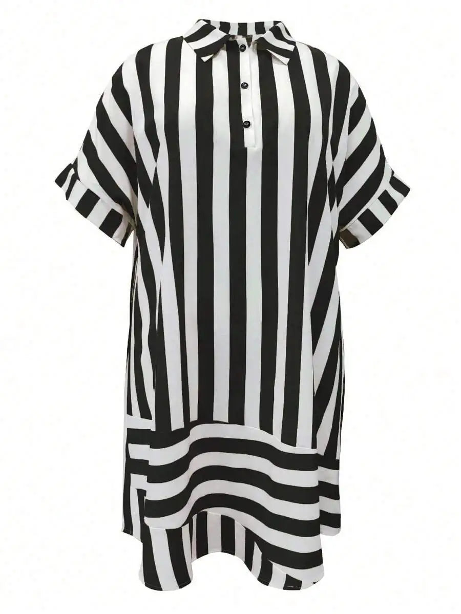 Black and white striped button-down casual midi dress