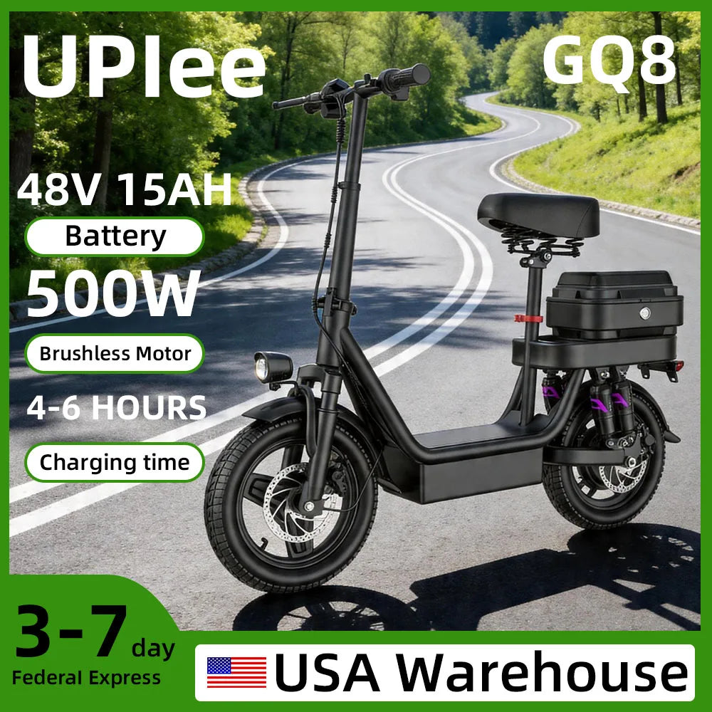 Black electric foldable scooter on a road with storage trunk, 48V 15AH battery and 500W motor.