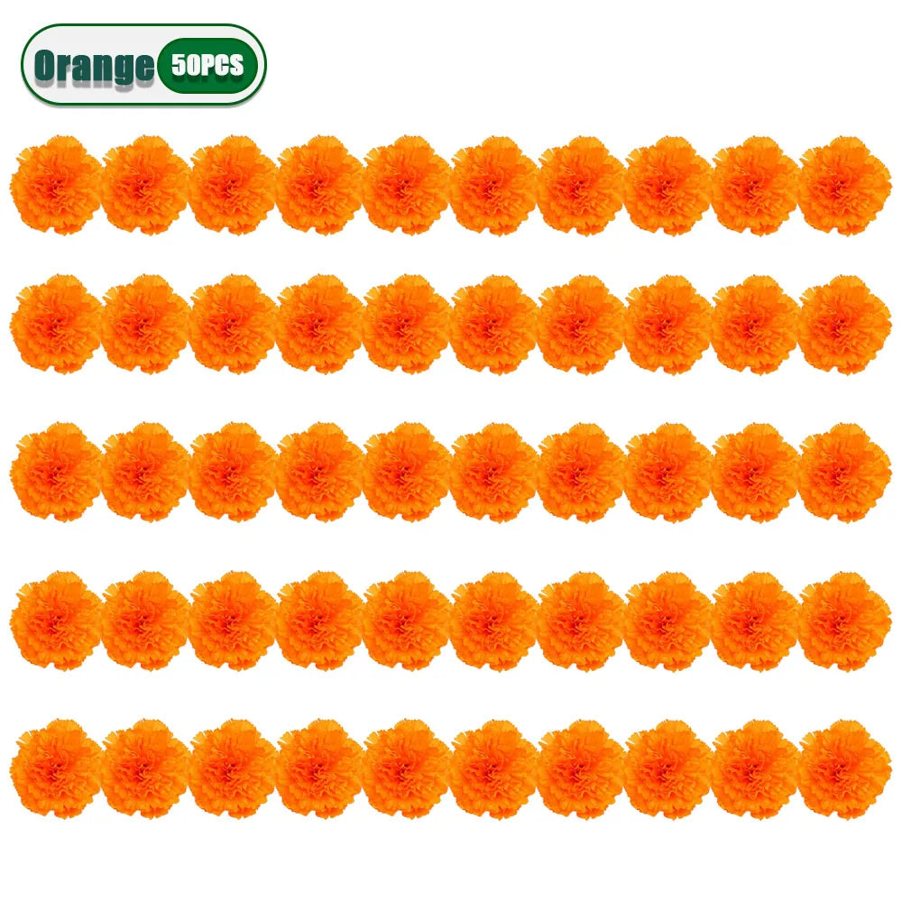 Artificial Marigold and Carnation Flower Heads for Festive Decor – Orange-50PCS