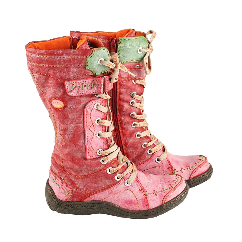 TMA EYES Women's Retro Lace-Up Leather Mid-Calf Snow Boots – Red