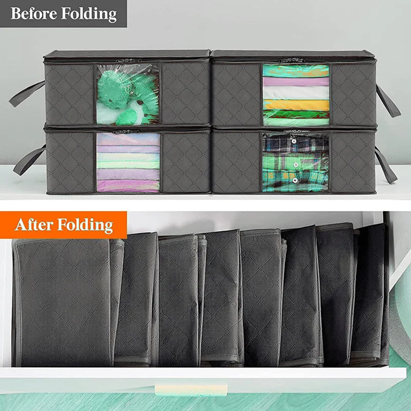Comparison of grey clothing storage bags before and after folding for compact storage.