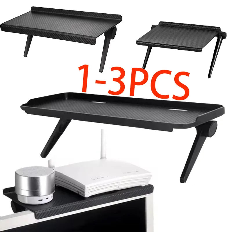 Adjustable screen top storage shelves in black, showing various sizes and usage with a router and speaker