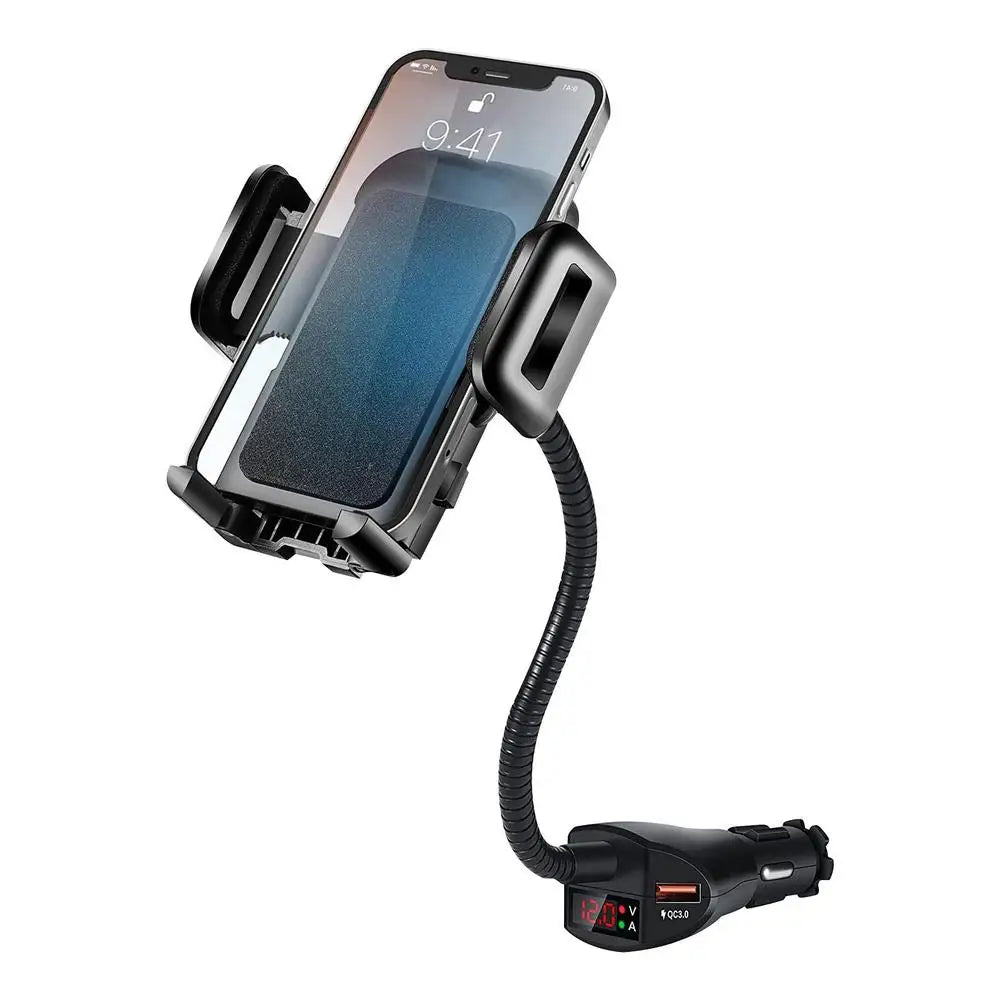 3-in-1 Car Phone Holder with Dual USB Charger and Voltage Detector – Black