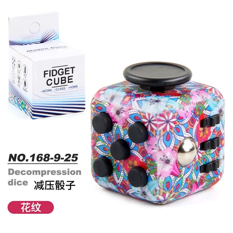 A floral patterned fidget cube and its packaging box.
