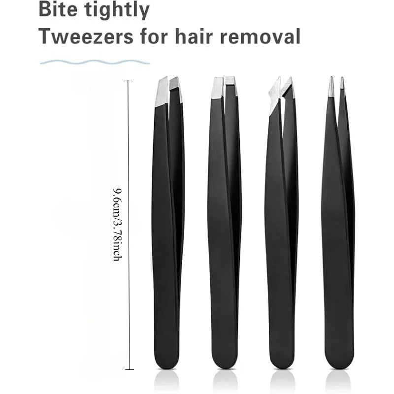 Stainless Steel Eyebrow Tweezer Set - Slant and Flat Tips – Black 4 pcs