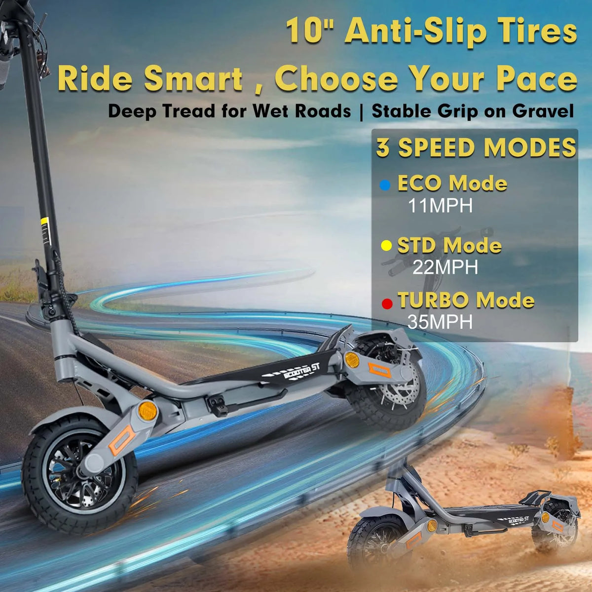 Electric scooter with 10 inch anti-slip tires and three selectable speed modes for different riding conditions