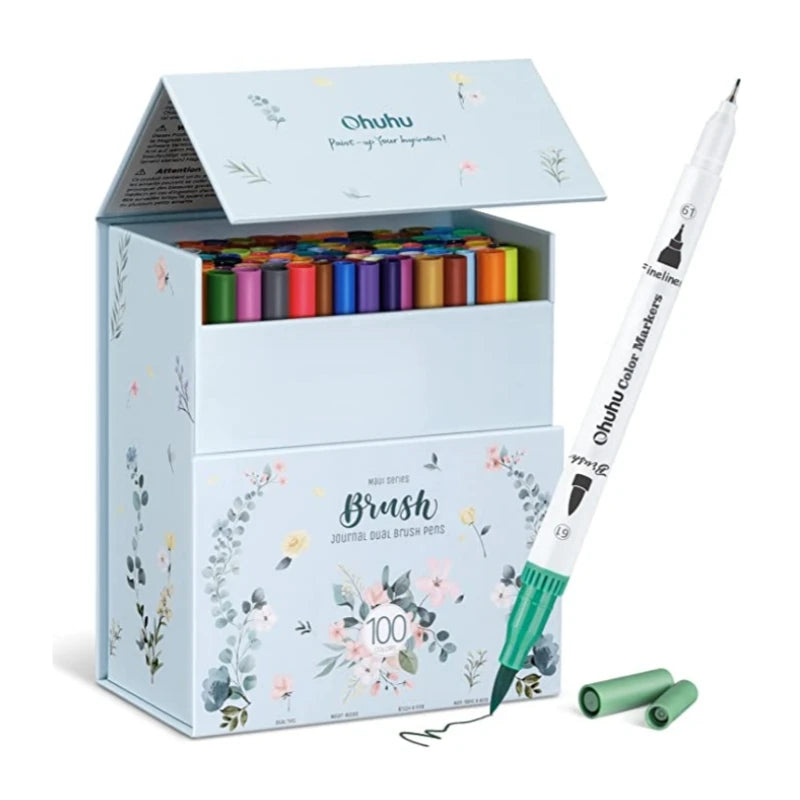Ohuhu Dual Tip Art Markers with Brush and Fine Tips, 36–160 Colors – 100 Basic Colors