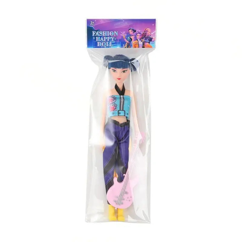 Singer doll with blue hair buns in clear packaging with branded header card