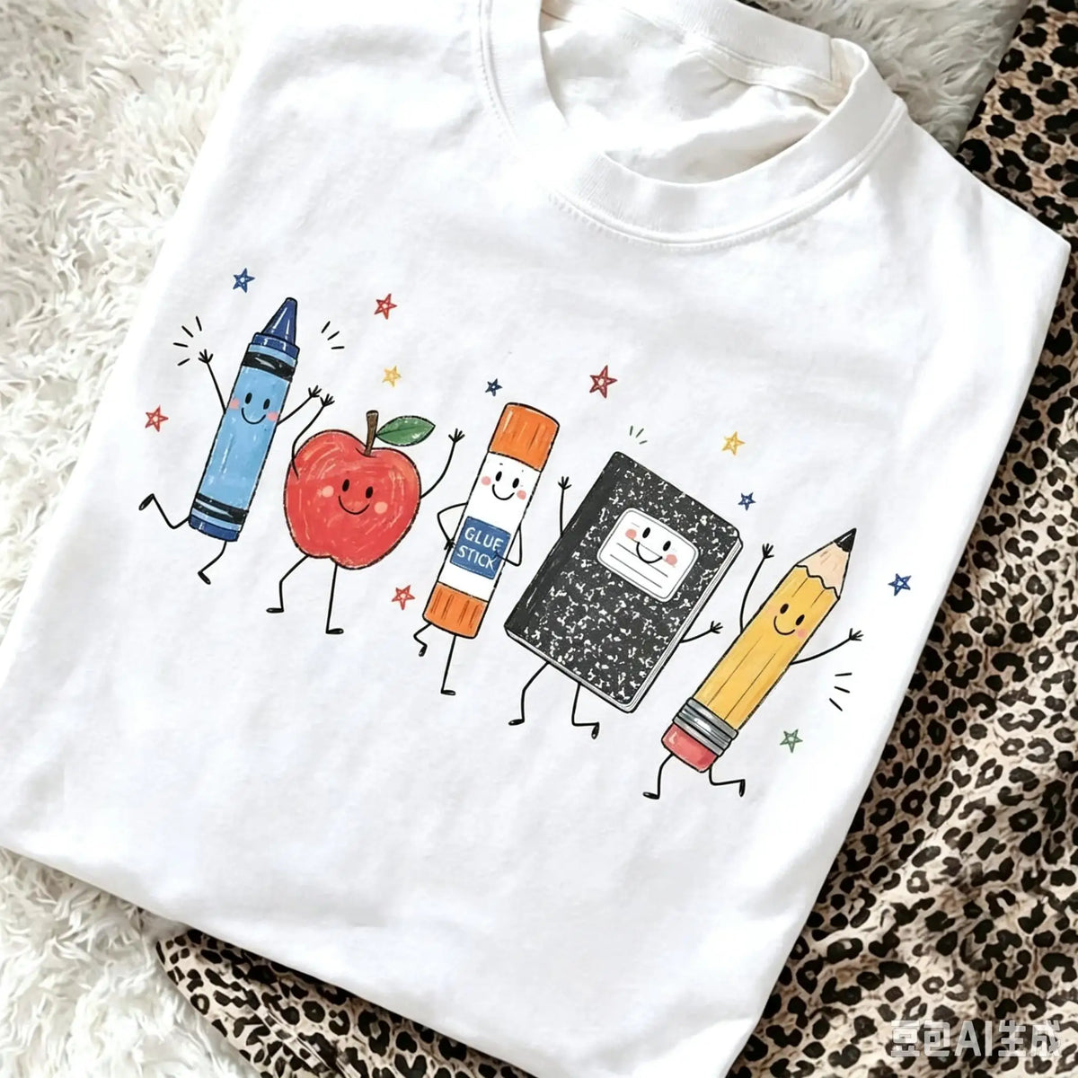 Cartoon School Supplies Graphic T-Shirt for Teachers and Students – White