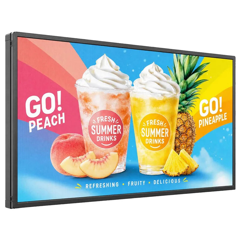 A P5 programmable LED display showing two iced drinks with peach and pineapple graphics.