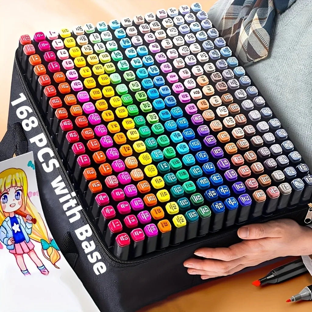 A large set of 168 colored art markers arranged in a black storage case with a drawing of an anime character.