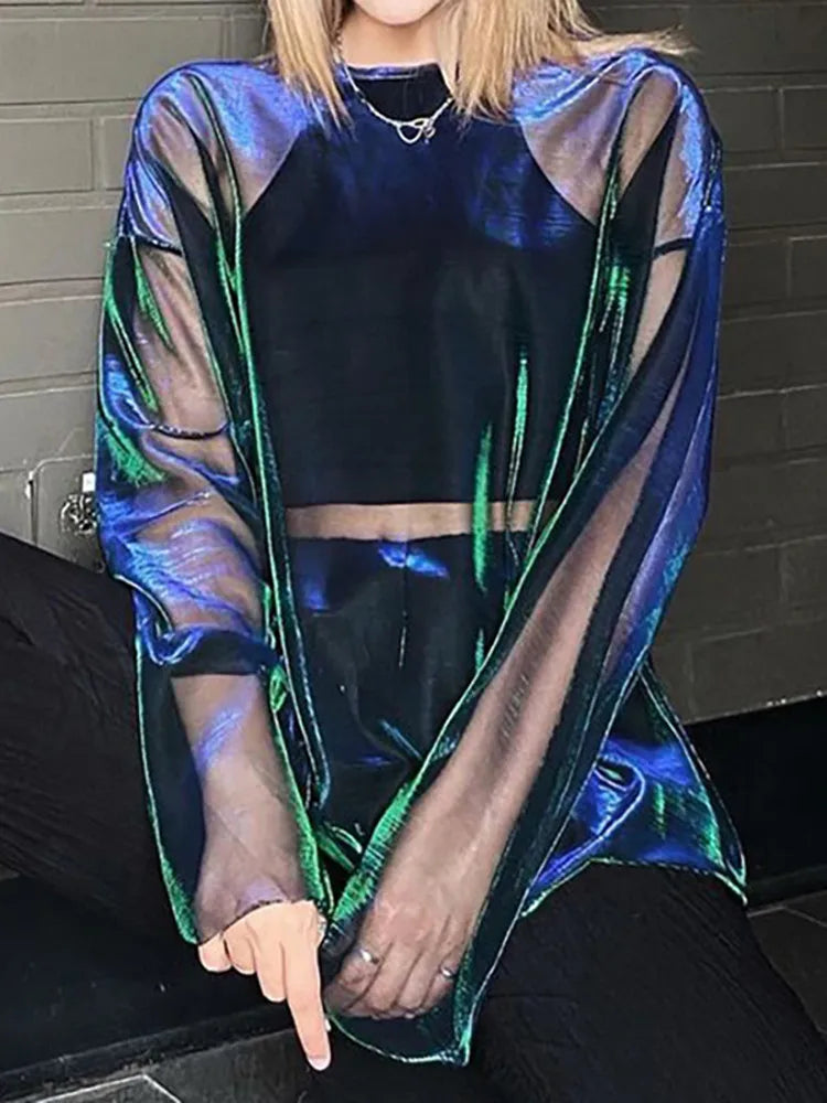 Women's oversized long sleeve see-through mesh T-shirt in solid color with O-neck