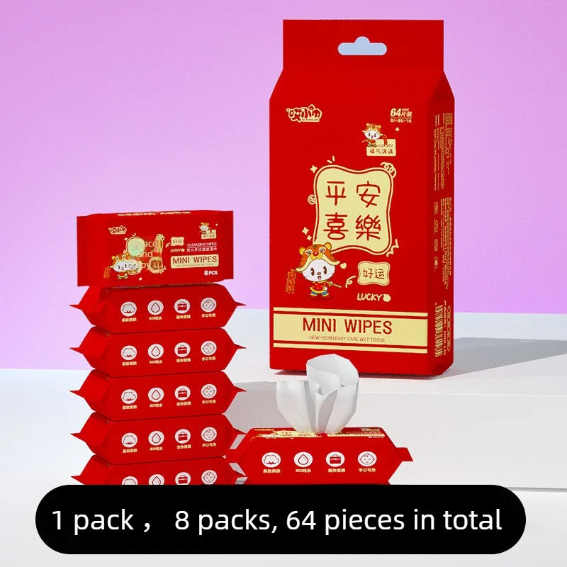 Disposable Mini Hand and Mouth Cleaning Wipes, 64-Piece Travel Pack – red