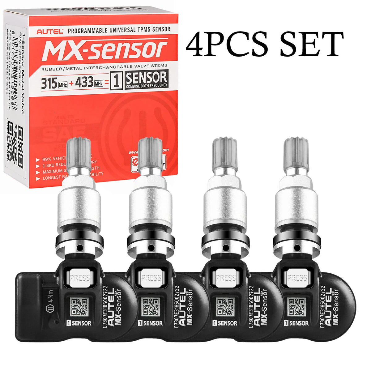 Autel 2-in-1 MX-Sensor 315MHz/433MHz Programmable TPMS Sensor – 4pcs Metal Valve