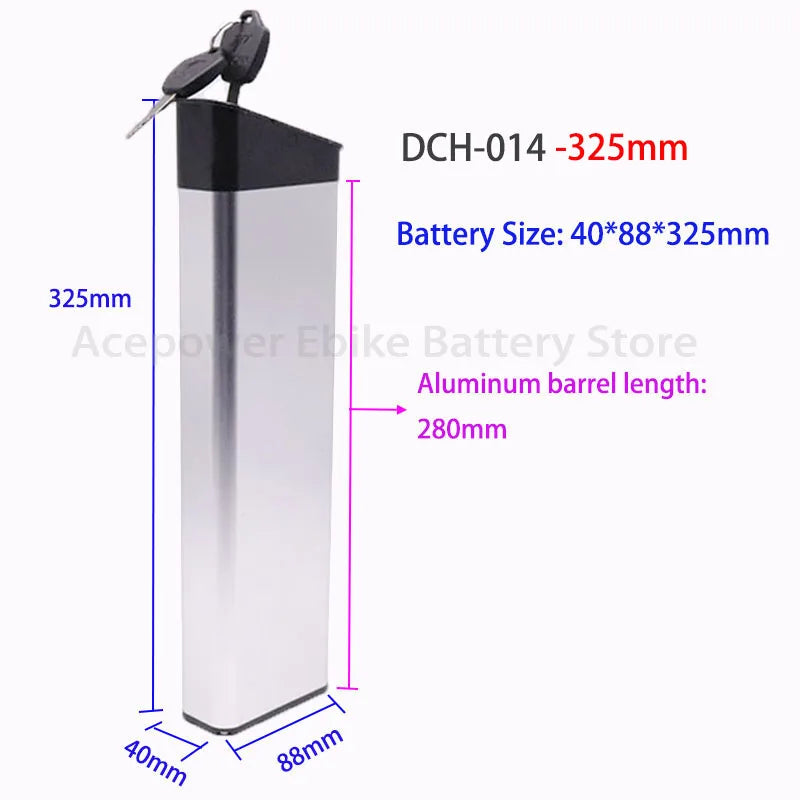 Silver e-bike battery dimensions in millimeters showing width, length, and barrel size.