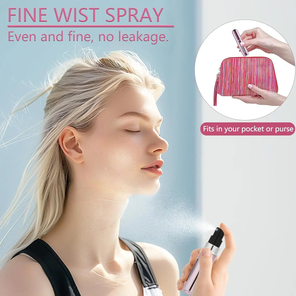 A woman spraying perfume using a portable refillable atomizer.