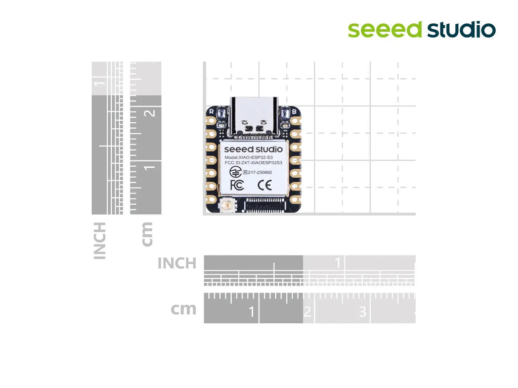 ESP32-S3 microcontroller development board placed on a size measurement grid.