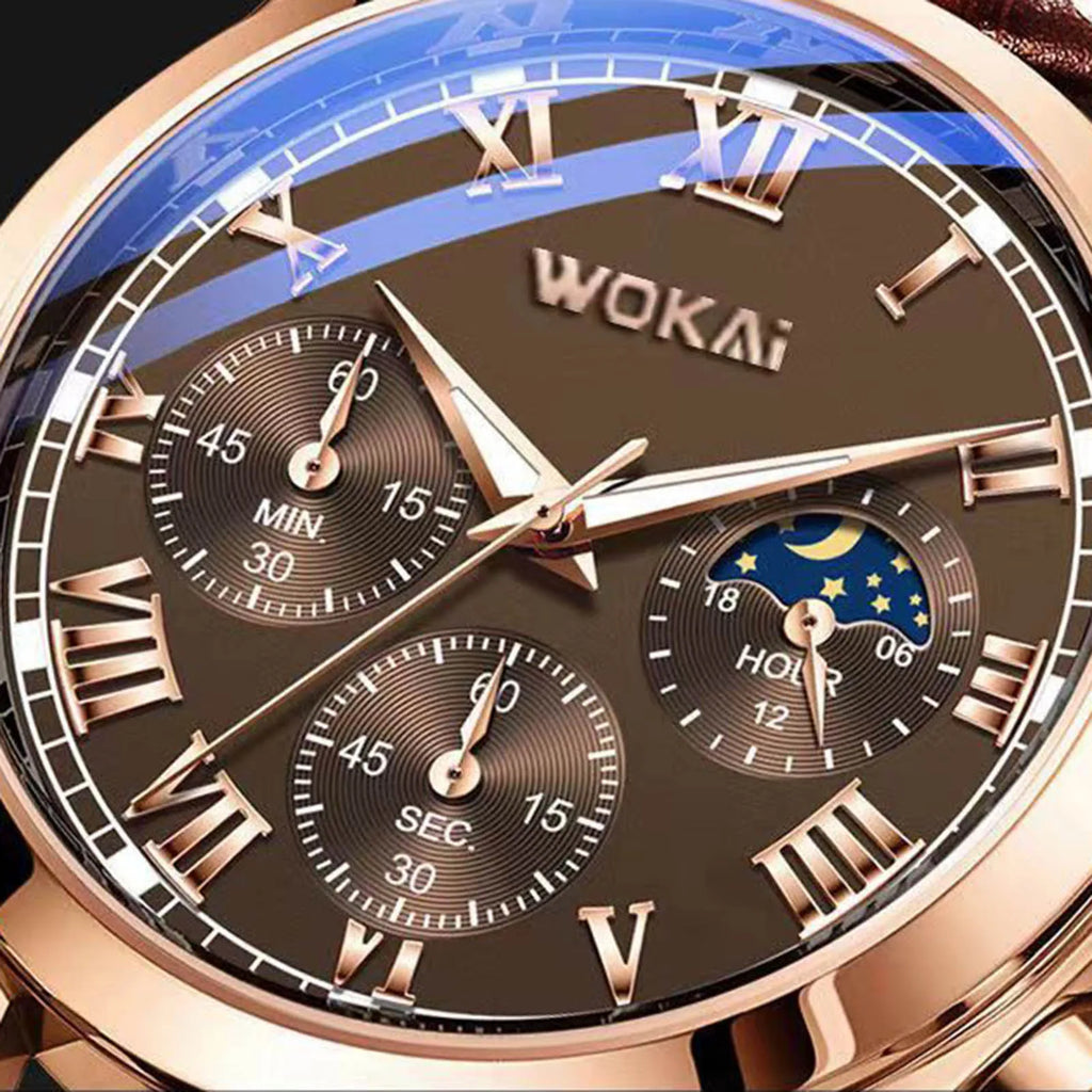 Close up detail of a brown dial rose gold tone quartz watch with roman numerals