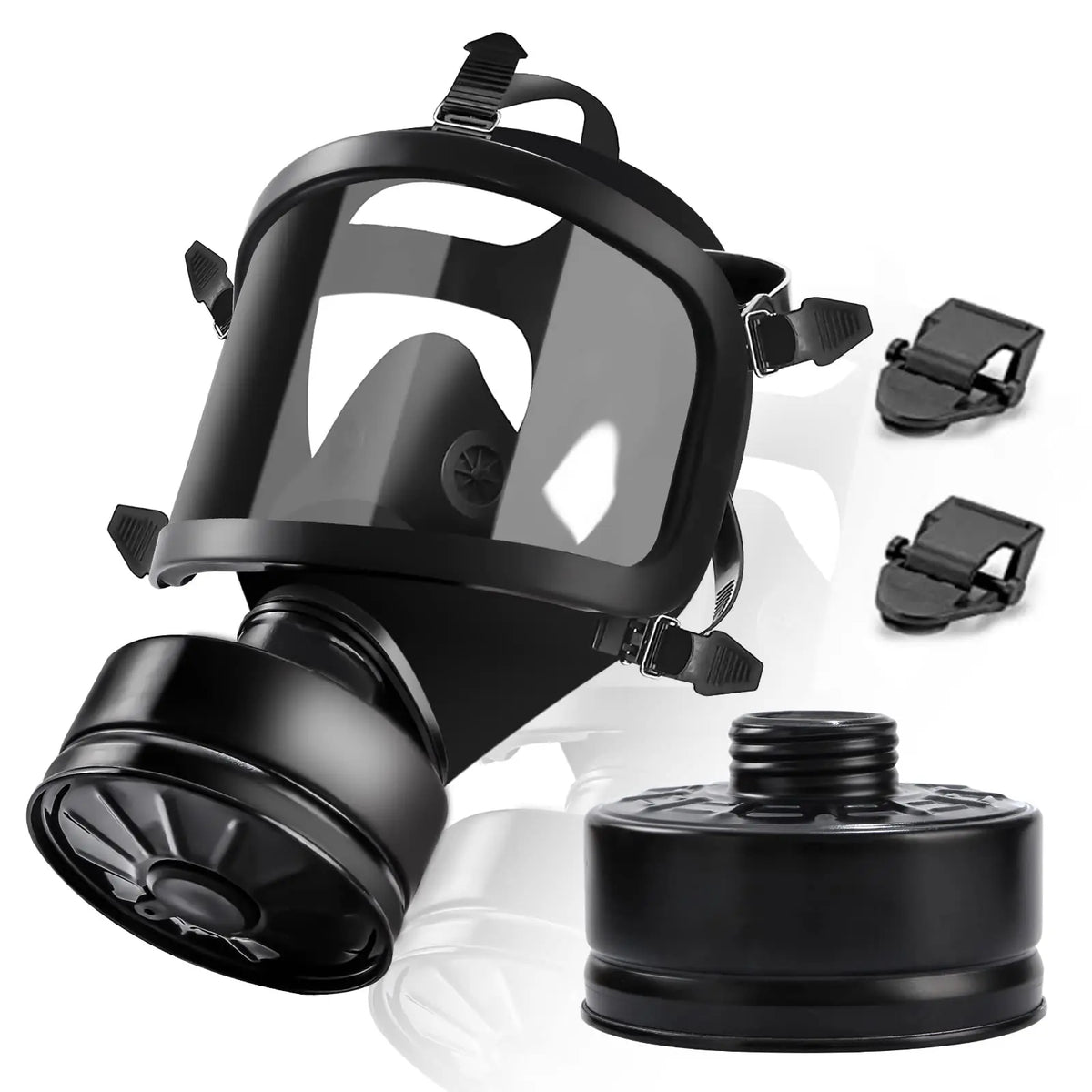 Full face respirator gas mask in black with detachable filter and straps