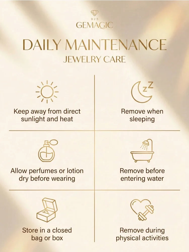 Jewelry care guide graphic providing instructions on how to maintain the quality of the ring.